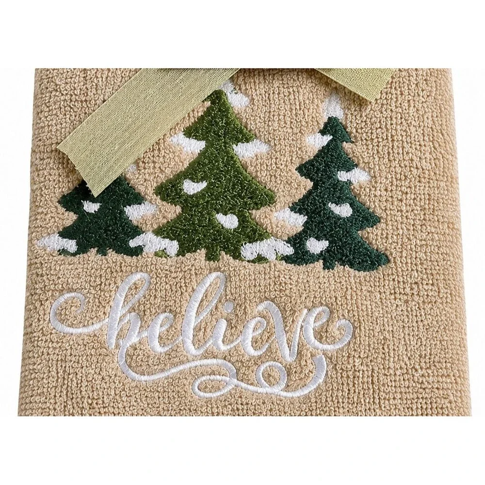 Christmas Tree Hand Towels Set of 2 Believe Embroidered Bathroom Holiday Beige